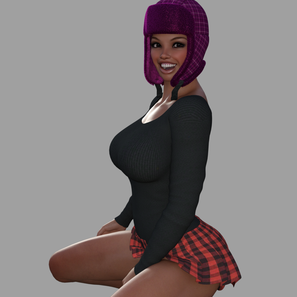 Maria from Cadulium (by Osgoode Media) kneeling in a skirt and smiling and looking at the camera